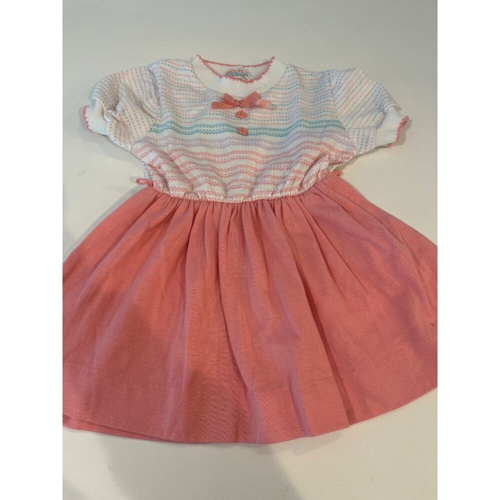 Vintage Health-Tex Girls Dress 4T White With Pink Knit Top & Bow Rainbow Stripes